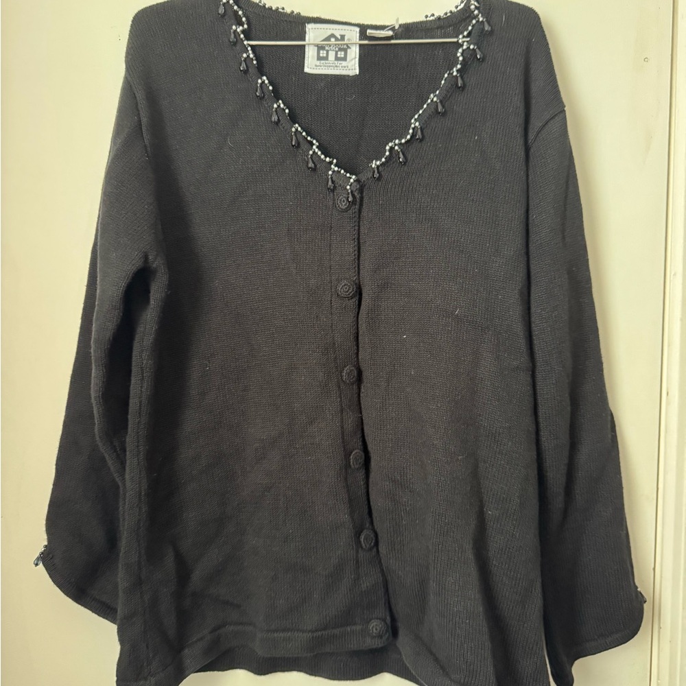 Storybook Knits Cardigan Black Bead Fringe Size L